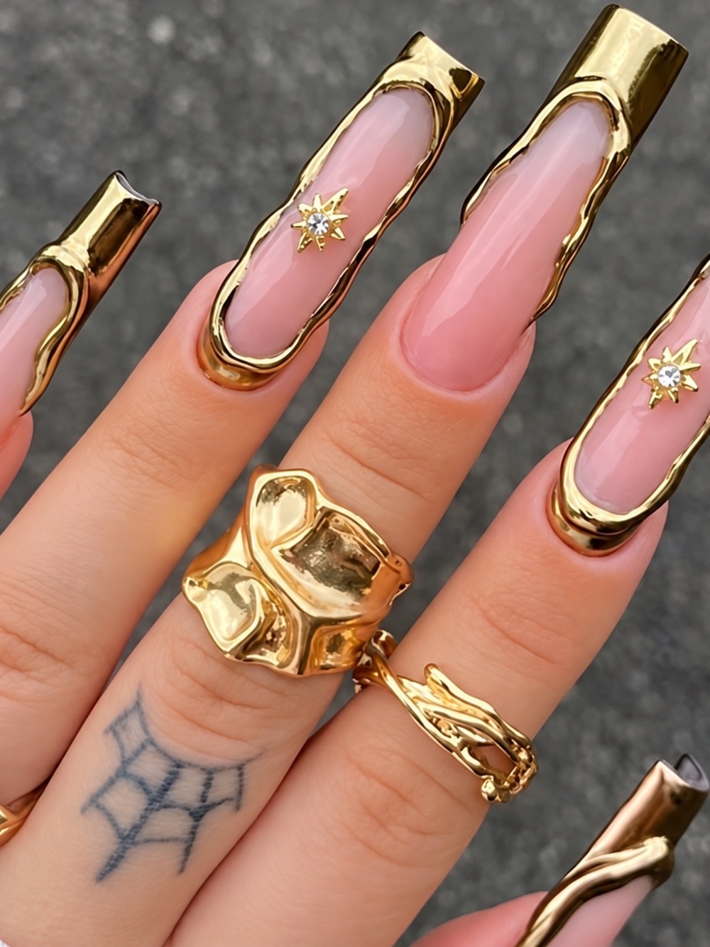 Gold-Trim Pink Press-On Nails with Star Accent